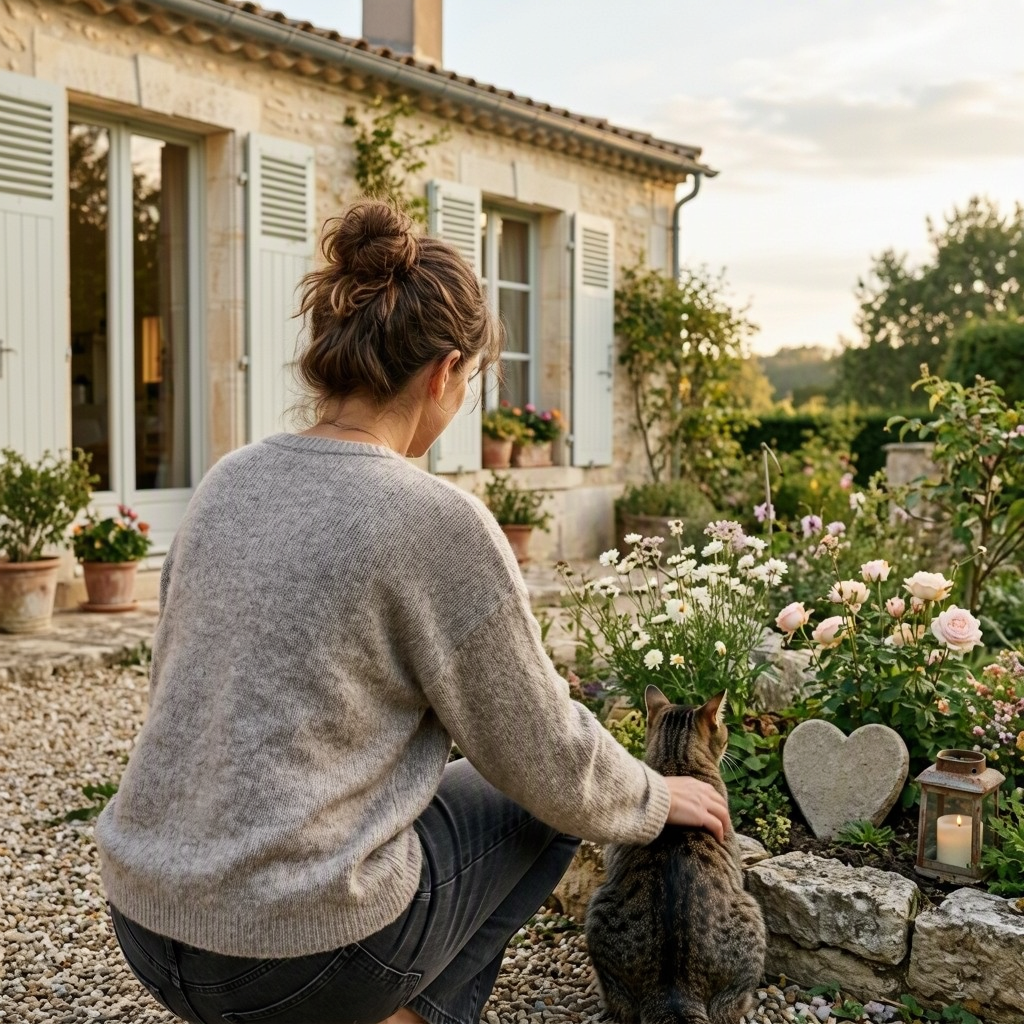 Une femme accroupie caresse un chat près de fleurs, d'une pierre en cœur et d'une lanterne