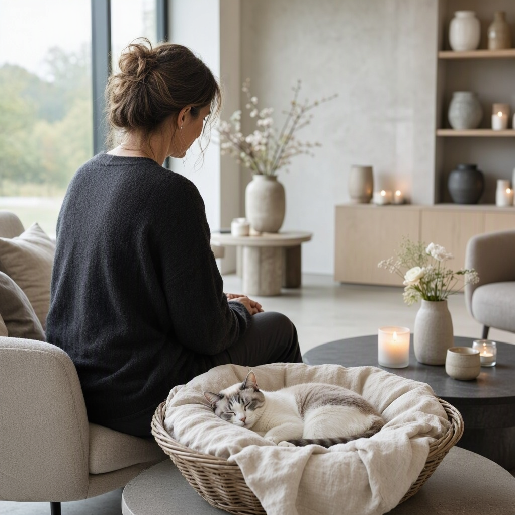 Une femme assise de dos près d’un chat endormi dans son panier, dans un salon aux bougies allumées
