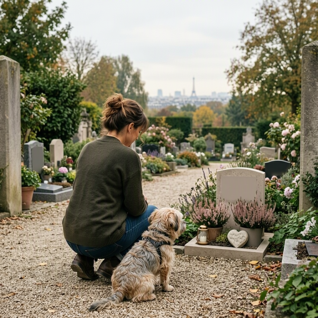 Une femme accroupie avec un petit chien devant une tombe fleurie dans un cimetière