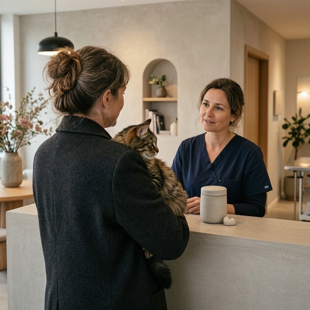 Une femme tenant un chat parle avec une employée derrière un comptoir, près d’une urne