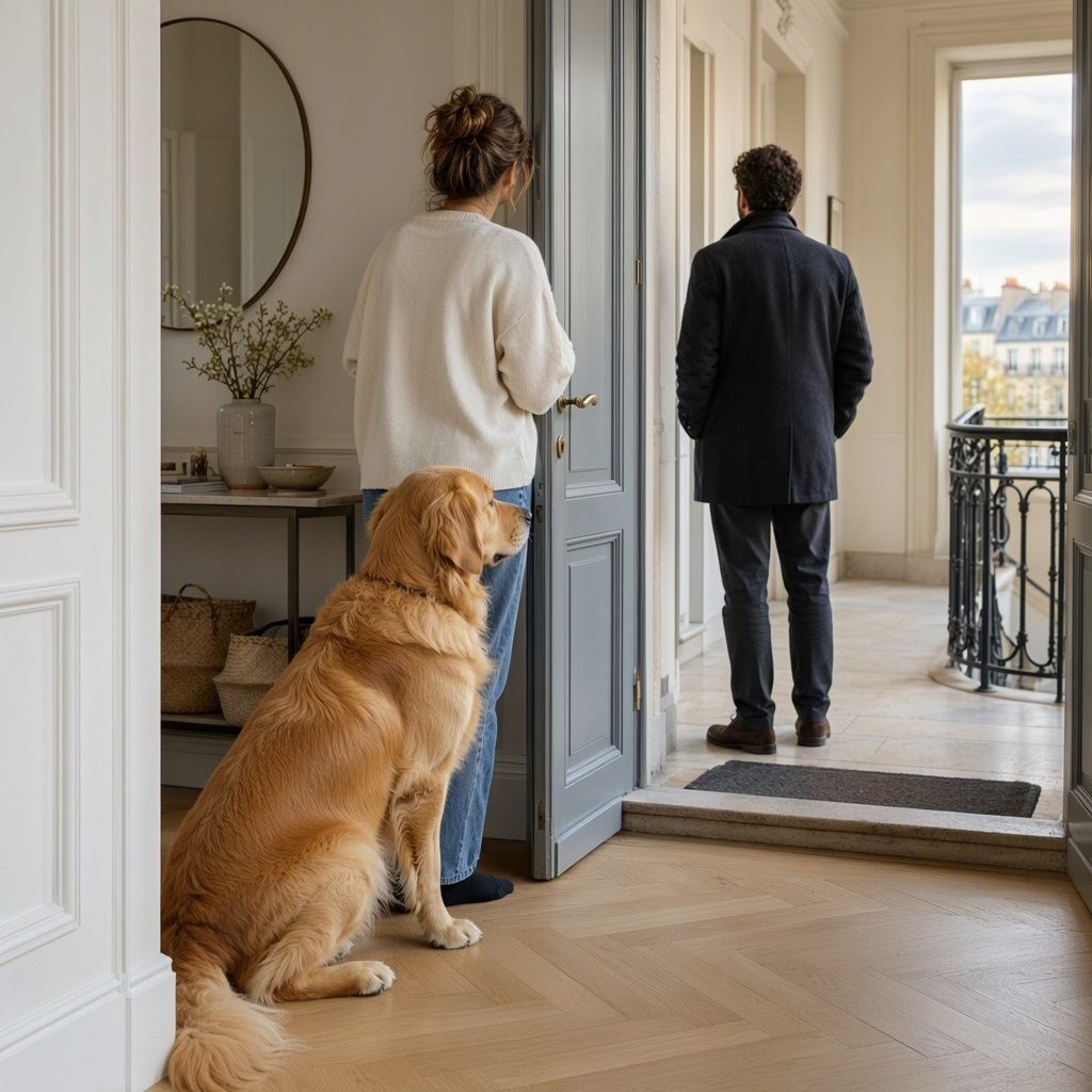 Un chien assis près d’une femme regarde un homme debout dans l’entrée d’un appartement