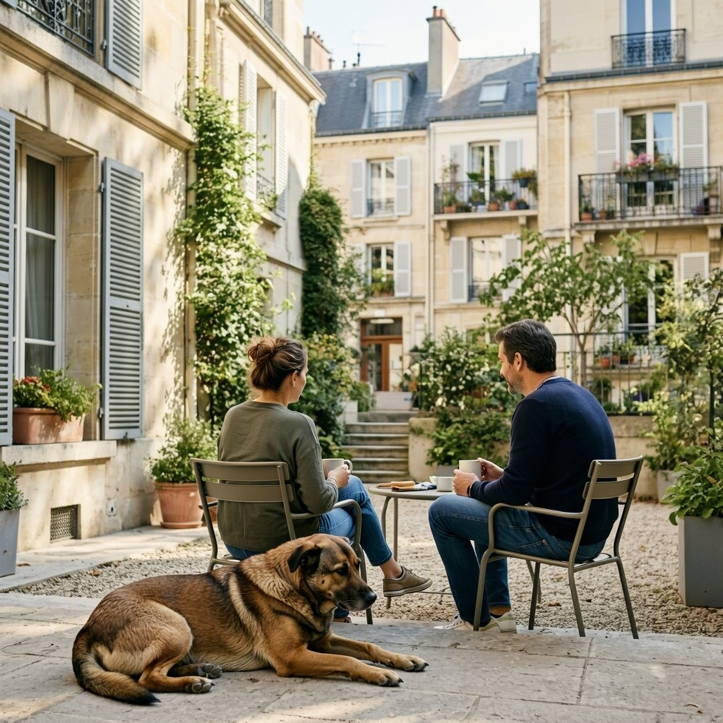 Un chien est couché devant deux personnes assises avec des tasses dans une cour arborée