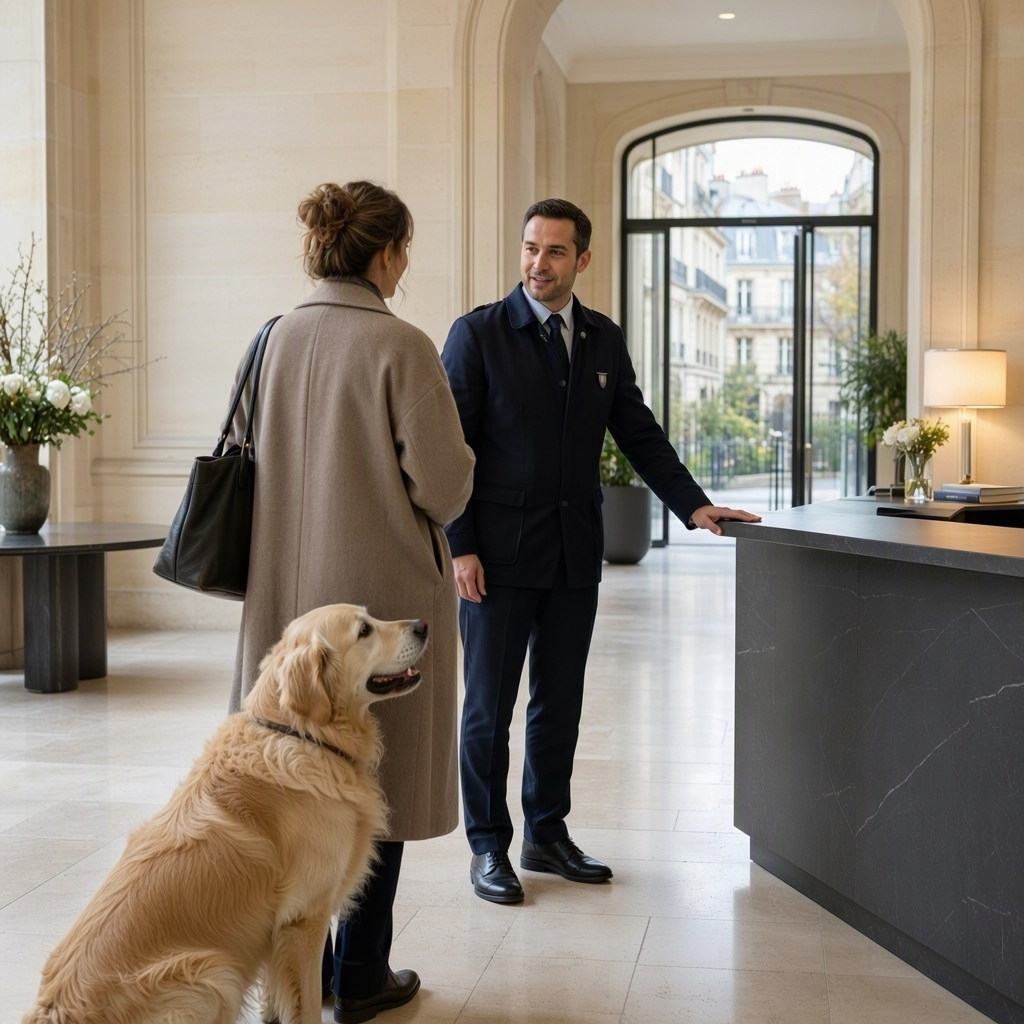 Une femme accompagnée d’un golden retriever échange avec un homme dans le hall d’un immeuble
