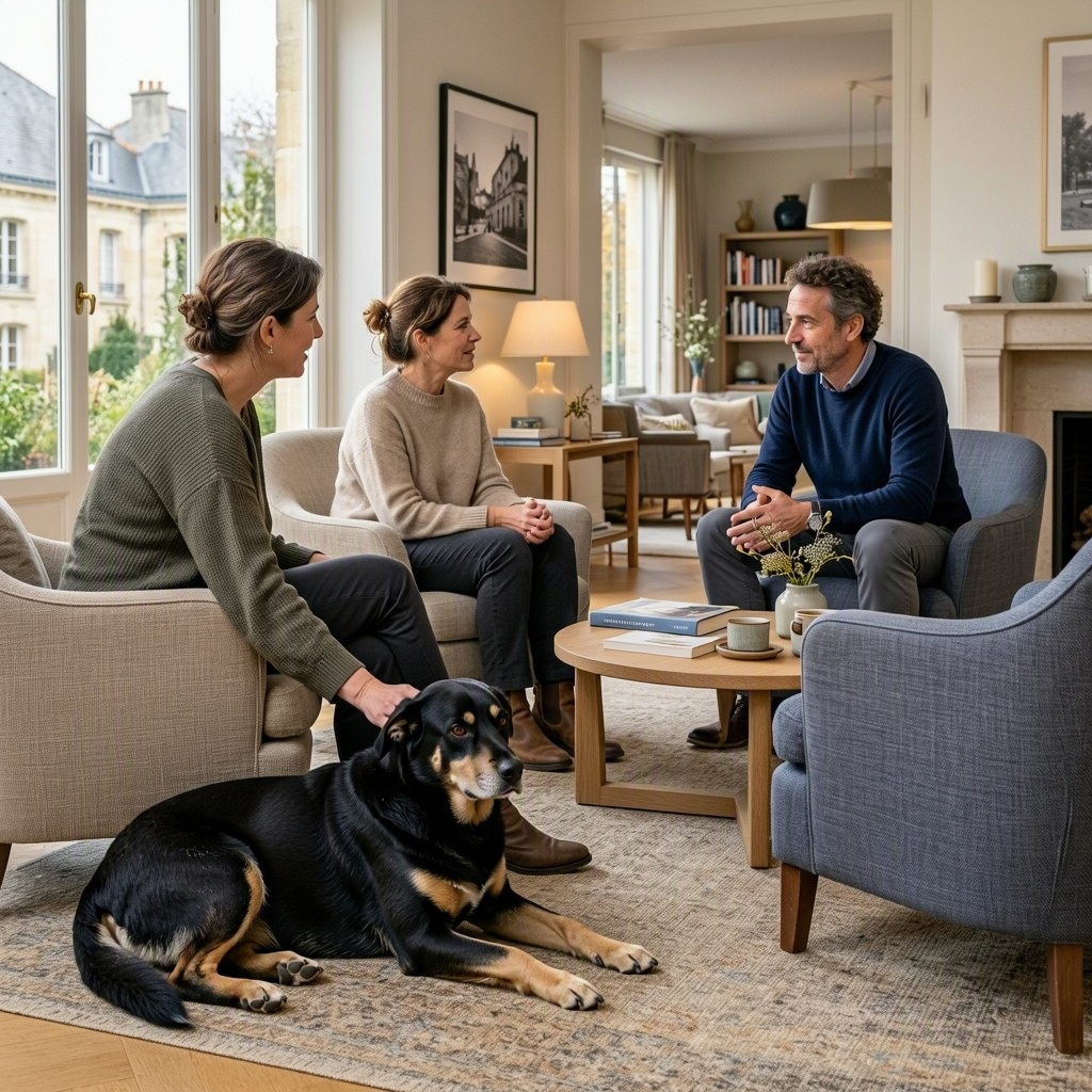 Trois adultes assis dans un salon discutent tandis qu’un chien est couché sur un tapis