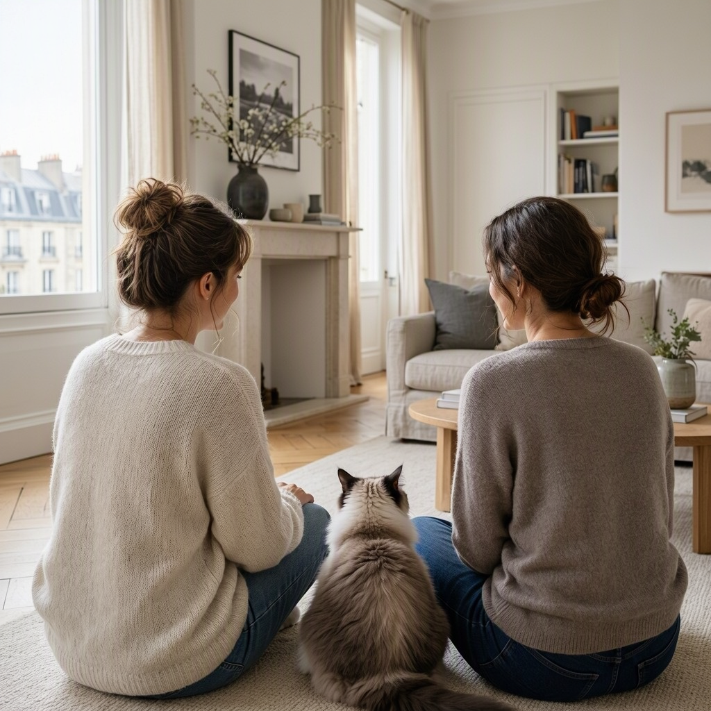 Deux femmes assises au sol de dos avec un chat dans un salon lumineux