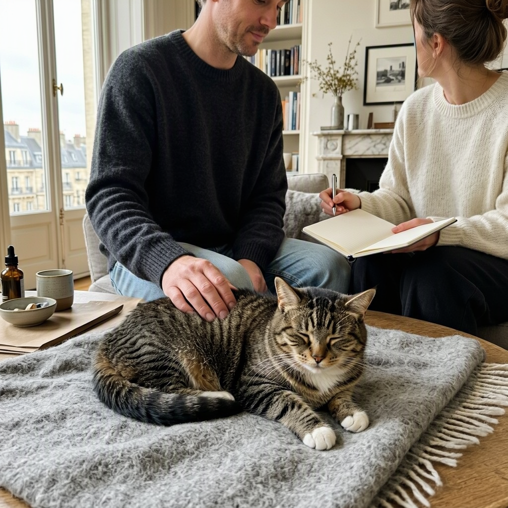 Un chat tigré repose sur une couverture tandis qu’un homme le caresse et qu’une femme écrit dans un carnet