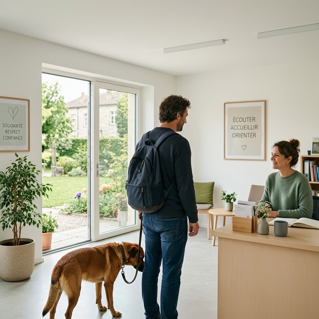 Un homme avec un sac à dos et son chien parle à une femme assise derrière un bureau