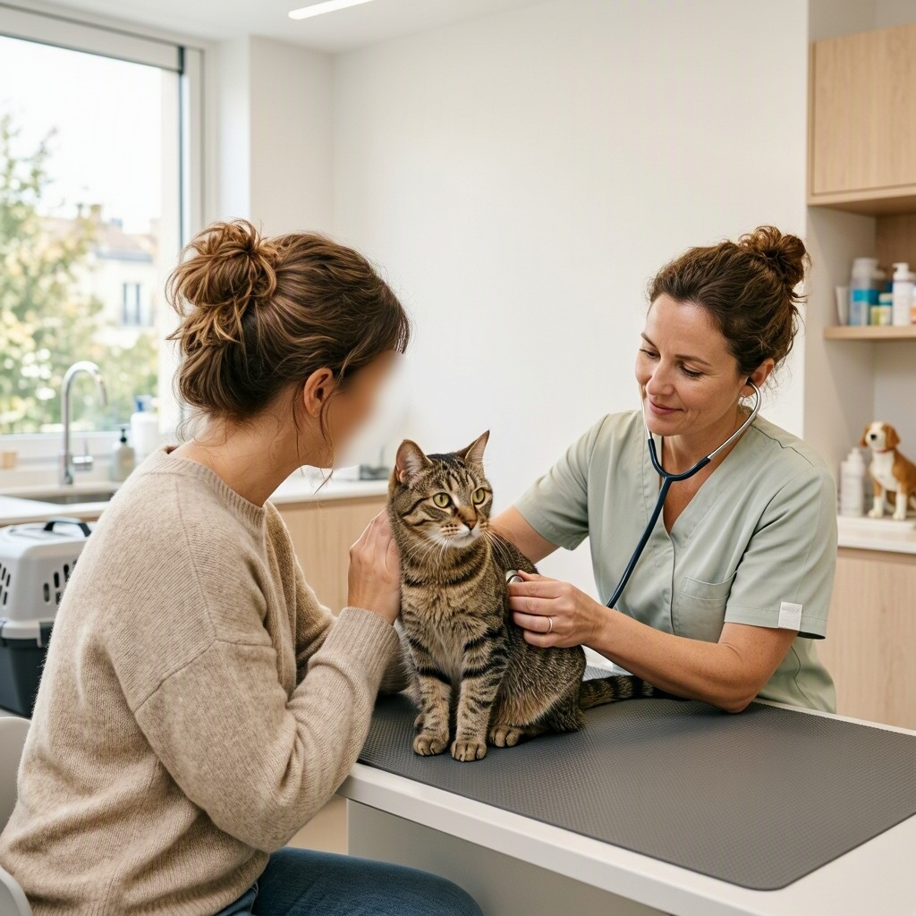Une vétérinaire examine un chat tigré sur une table tandis que sa propriétaire le tient