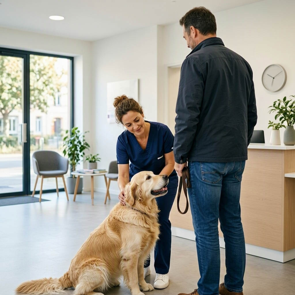 Une soignante accroupie caresse un golden retriever assis près de son maître dans une salle d’attente