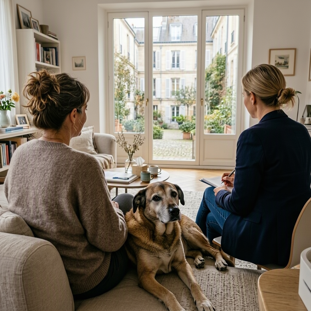 Deux femmes sont assises dans un salon avec un grand chien couché entre elles