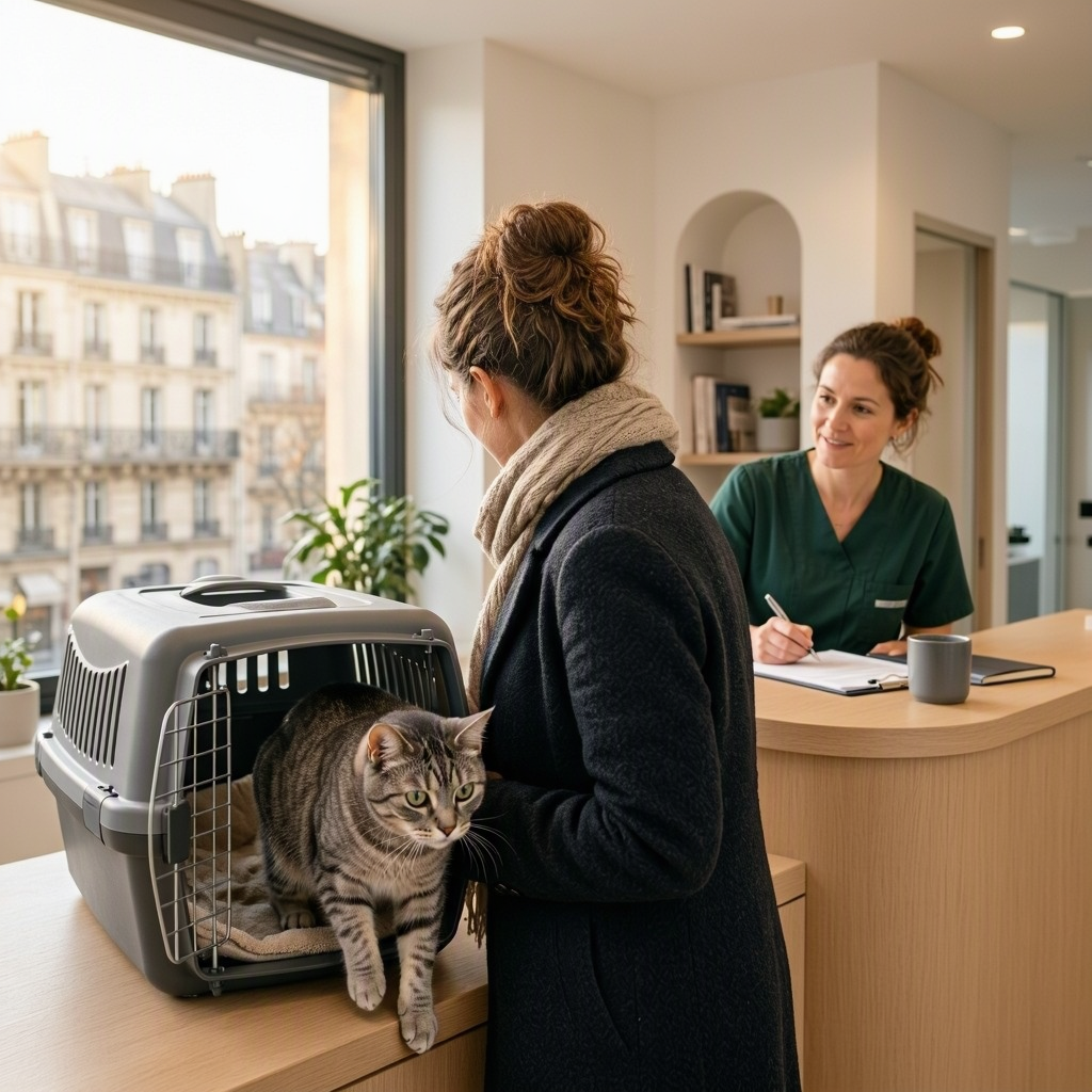 Une femme tient un chat sortant d’une caisse de transport tandis qu’une employée écrit à un comptoir