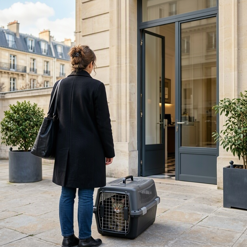 Une femme en manteau noir se tient devant une entrée vitrée, près d’une cage de transport contenant un chat