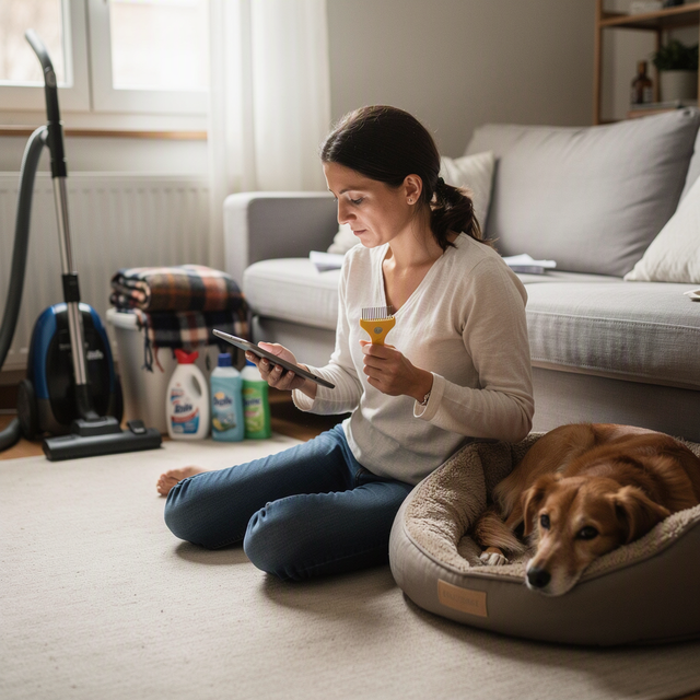 Photo éditoriale réaliste dans un salon français lumineux : une adulte assise au sol, de trois-quarts, consulte attentivement les conditions de son contrat d’assurance sur une tablette tout en tenant un peigne à puces ; à côté d’elle, un chien adulte est couché sur son panier. Aspirateur, plaid et produits de nettoyage rangés en arrière-plan, ambiance préoccupée mais méthodique, lumière naturelle douce, cadrage horizontal, aucun bébé ni enfant.