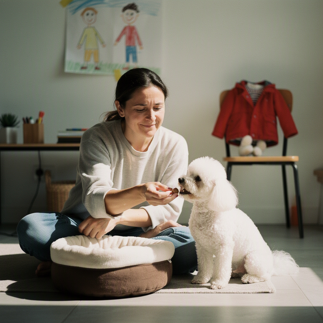 Photo documentaire réaliste dans un appartement lumineux : une femme adulte assise au sol, sourire calme et regard attentif, tend une friandise à un petit caniche assis près de son panier ; derrière elle, un dessin d’enfant accroché bas sur un meuble et un petit manteau d’enfant posé sur une chaise suggèrent la vie de famille sans montrer aucun enfant. Ambiance chaleureuse, intérieur urbain rangé, lumière naturelle, aucun texte dans l’image.
