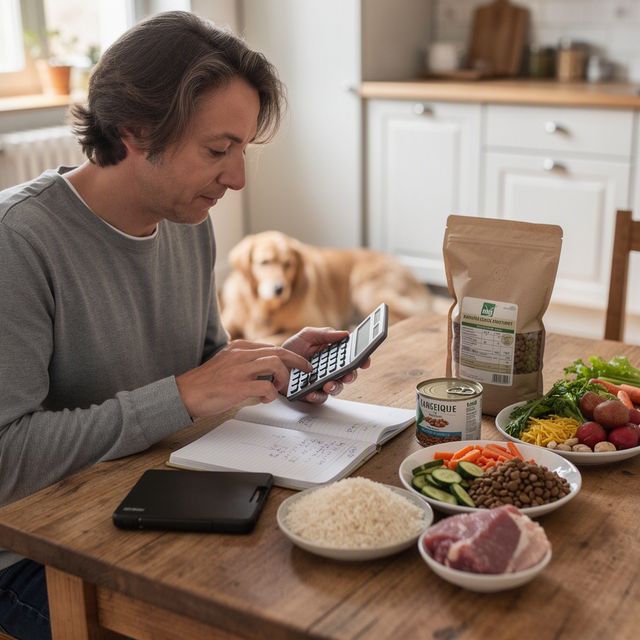 Photo éditoriale réaliste dans une cuisine française lumineuse : un adulte vu de trois quarts, assis à une table en bois, compare calmement une calculatrice, un carnet de budget et plusieurs emballages neutres de nourriture pour chien — sac de croquettes, boîte de pâtée et ingrédients simples pour une ration ménagère. Un chien adulte est couché près de la table, légèrement flou en arrière-plan. Lumière naturelle du matin, cadrage horizontal serré sur les mains, les produits et le visage concentré de l’adulte, sans marque lisible, sans enfant.