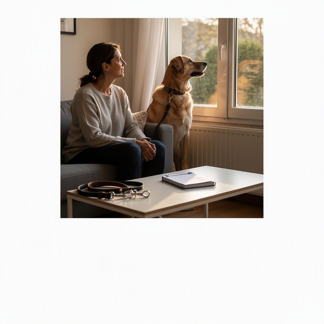 Dans un salon français lumineux en fin de journée, portrait horizontal à hauteur des yeux d’une femme adulte assise près d’une fenêtre, observant avec calme sa chienne adulte qui regarde vers l’extérieur et semble alerte ; laisse et carnet de rendez-vous vétérinaire posés sur une table basse, intérieur sobre, lumière naturelle douce, rendu photographique réaliste, aucun enfant ni bébé visible.