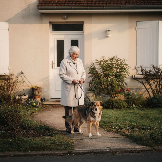 Photo éditoriale réaliste, sans texte : une femme âgée adulte, vue de trois quarts, en manteau léger, tient calmement une laisse devant l’entrée de sa maison au petit matin ; son chien adulte est près d’elle sur un chemin extérieur. Cadrage horizontal à hauteur humaine, ambiance rassurante, lumière douce et naturelle, jardin ou trottoir résidentiel net mais discret. Aucun enfant, aucun bébé, aucun nourrisson visible.