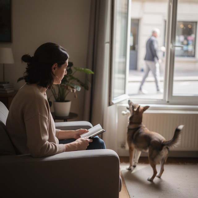 Photo éditoriale réaliste, dans un salon d’appartement français en journée : une femme adulte, de trois quarts, calme et attentive, tient un petit carnet ouvert et observe sa jeune chienne près d’une baie vitrée. La chienne regarde dehors et aboie vers une silhouette adulte floue passant sur le trottoir, sans agressivité mise en scène. Cadrage horizontal mi-large montrant la fenêtre, le carnet et l’attitude posée de la propriétaire ; lumière naturelle douce, ambiance d’observation et d’éducation bienveillante, aucune personne mineure.
