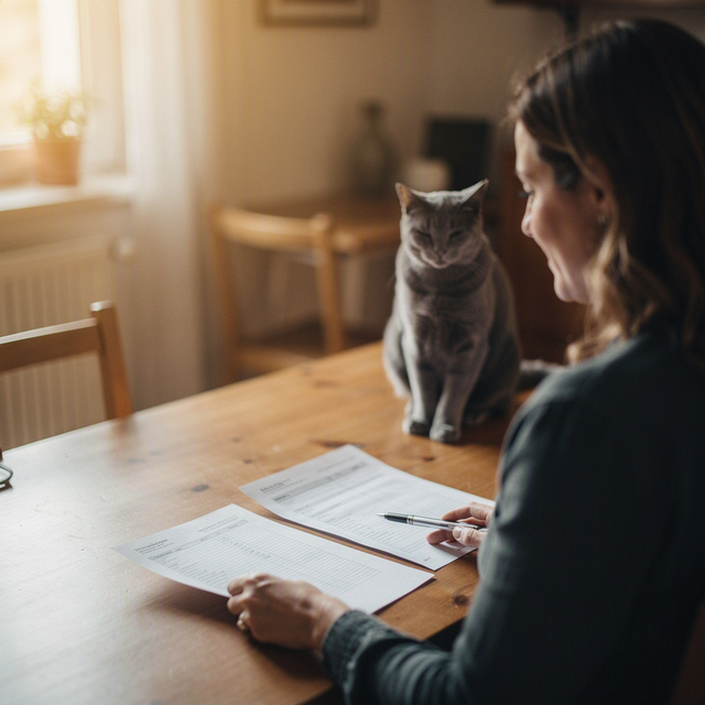 En plan rapproché au-dessus de l’épaule, une femme d’environ 35 ans compare attentivement deux documents de devis non lisibles sur la table de sa salle à manger, un stylo posé entre ses mains ; son chat adulte est assis près des feuilles et la regarde. Lumière douce de fin d’après-midi venant d’une fenêtre latérale, photographie réaliste et chaleureuse, sans texte lisible.