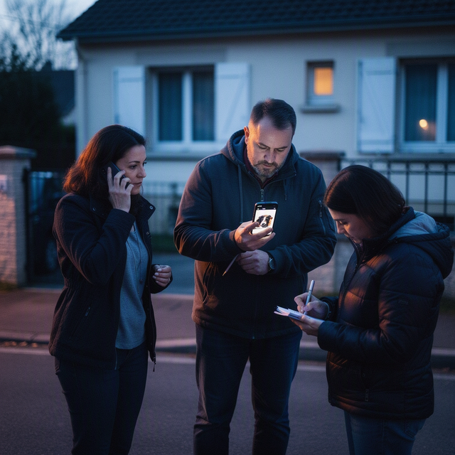 Devant une maison de quartier en début de soirée, trois adultes organisent la recherche d’un chien : une femme parle au téléphone, un homme montre une photo du chien sur son écran à une voisine et une troisième personne note des informations. Plan large documentaire à hauteur d’adulte, lumière bleue de fin de jour mêlée aux éclairages chauds de la rue, visages concentrés et solidaires, aucun texte lisible.