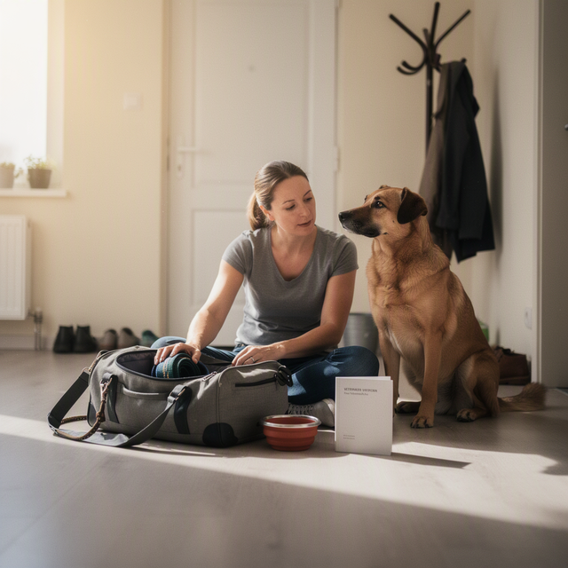 Photo éditoriale réaliste, dans une entrée d’appartement lumineuse en été : une femme adulte assise au sol prépare calmement un sac de voyage ouvert, avec laisse, gamelle pliable et carnet de santé pour chien visibles ; un chien adulte est assis à côté d’elle et la regarde. Cadrage horizontal à hauteur du sol, lumière naturelle douce du matin, ambiance d’organisation sereine et responsable, sans enfant ni bébé.