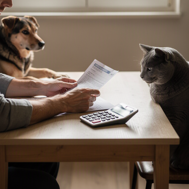Photo éditoriale réaliste en France : plan rapproché sur les mains d’une adulte assise à une table, consultant un document d’assurance et une calculatrice ; un chien adulte et un chat adulte sont visibles de part et d’autre de la table, calmes, sans enfant dans l’image. Lumière naturelle douce, intérieur domestique sobre, cadrage horizontal, aucun logo ni texte lisible.