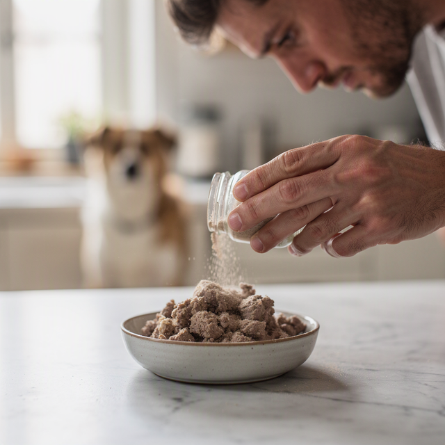 Photo éditoriale réaliste, dans une cuisine lumineuse en France : gros plan sur les mains d’un adulte qui saupoudre une fine poudre depuis un petit pot sur une portion de pâtée dans une gamelle en céramique pour chien ou chat ; le visage adulte est légèrement visible de profil, concentré sur l’étiquette du pot, animal adulte flou en arrière-plan, lumière naturelle douce, cadrage horizontal, sans enfant ni bébé, sans texte lisible ni logo de marque.