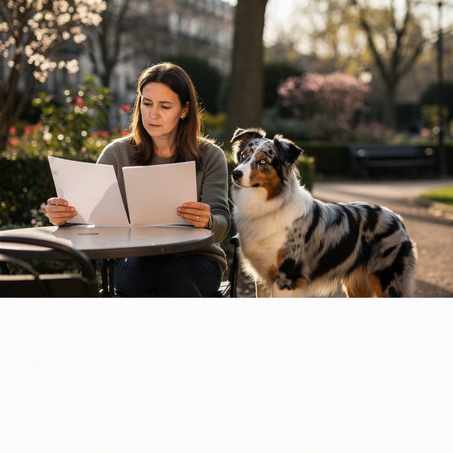 Photo éditoriale réaliste, en France : une femme adulte assise à une table de jardin consulte deux feuilles de classement sans texte lisible, tandis qu’un Berger australien adulte se tient calmement à ses côtés. Cadrage horizontal mi-large, visage de l’adulte visible avec une expression réfléchie, lumière naturelle douce de fin de journée, décor de parc urbain discret, aucun enfant, aucun bébé, aucun texte ni logo visible.
