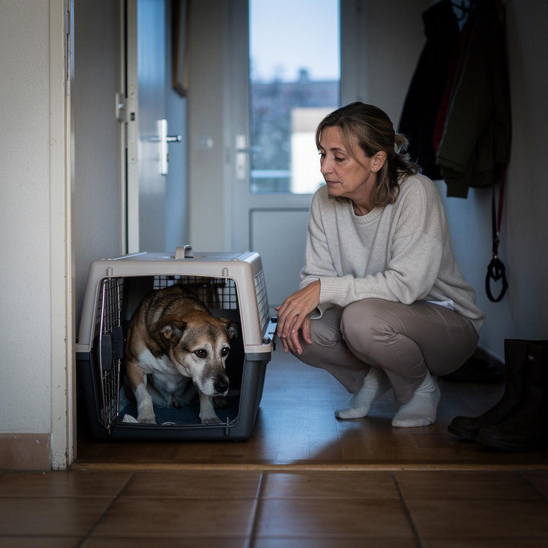 À l’aube dans l’entrée calme d’un appartement français, une femme d’une quarantaine d’années est accroupie à quelques pas d’une caisse de transport ouverte, les mains posées doucement sur ses genoux et le visage patient et ému, tandis qu’un chien senior regarde prudemment depuis l’intérieur ; lumière naturelle douce, photographie documentaire réaliste, aucun texte visible.