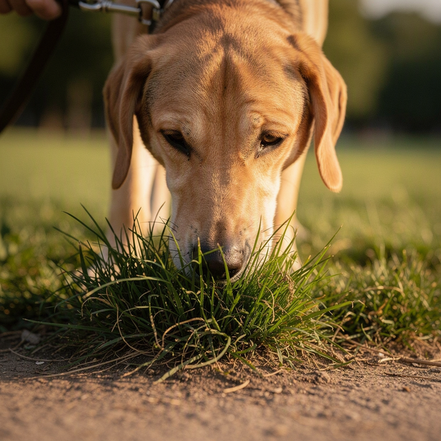 Photo éditoriale réaliste d’un chien adulte en promenade, museau très près d’une touffe d’herbe au bord d’un chemin de parc français, en train de renifler avec concentration ; cadrage au niveau du chien, gros plan sur le nez et les narines, laisse tenue discrètement par la main d’un adulte hors champ, lumière douce de fin d’après-midi, arrière-plan végétal flou, aucun enfant ni bébé visible.