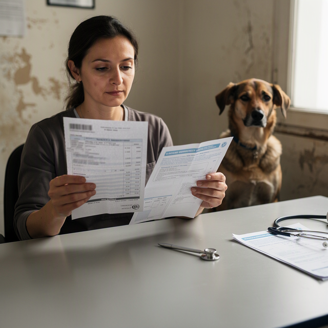 Photo éditoriale réaliste dans une clinique vétérinaire française : gros plan sur une adulte assise à une table, tenant un dossier de contrat d’assurance et une facture vétérinaire, tandis qu’un chien adulte est assis calmement à son côté, légèrement hors focus. Éléments visibles mais non lisibles : stéthoscope, stylo, feuille de comparaison. Lumière naturelle douce venant d’une fenêtre, ambiance attentive et concrète, cadrage horizontal, aucun bébé, nourrisson ou jeune enfant.