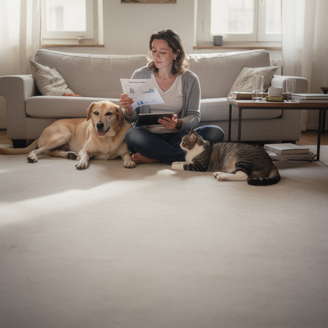 Photo éditoriale réaliste dans un salon français lumineux : une femme adulte assise au sol consulte une feuille de statistiques sur une tablette, avec un chien adulte et un chat adulte détendus à ses côtés ; cadrage horizontal mi-large, intérieur sobre et habité, lumière naturelle de fin de matinée, aucun enfant visible, sans texte ni logo.