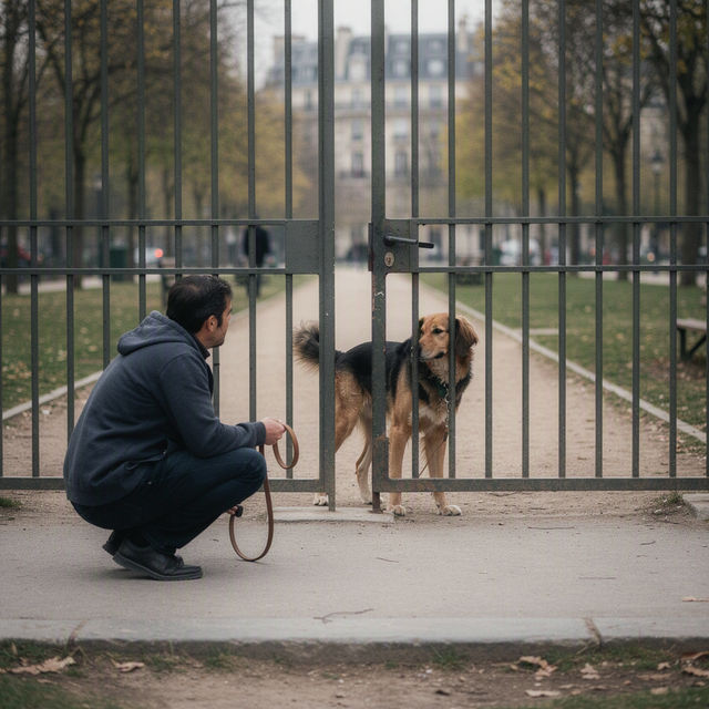 Photo éditoriale réaliste, sans texte : un adulte vu de trois quarts, accroupi calmement à l’entrée d’un parc urbain français, tenant une laisse souple et regardant avec attention son chien adulte qui reste légèrement en retrait près du portail. Le chien montre une posture hésitante sans détresse spectaculaire ; l’adulte adopte un geste patient et non contraignant. Cadrage horizontal à hauteur de l’adulte et du chien, lumière douce de matin couvert, arrière-plan de chemin et d’arbres légèrement flou, aucun enfant ni bébé visible.