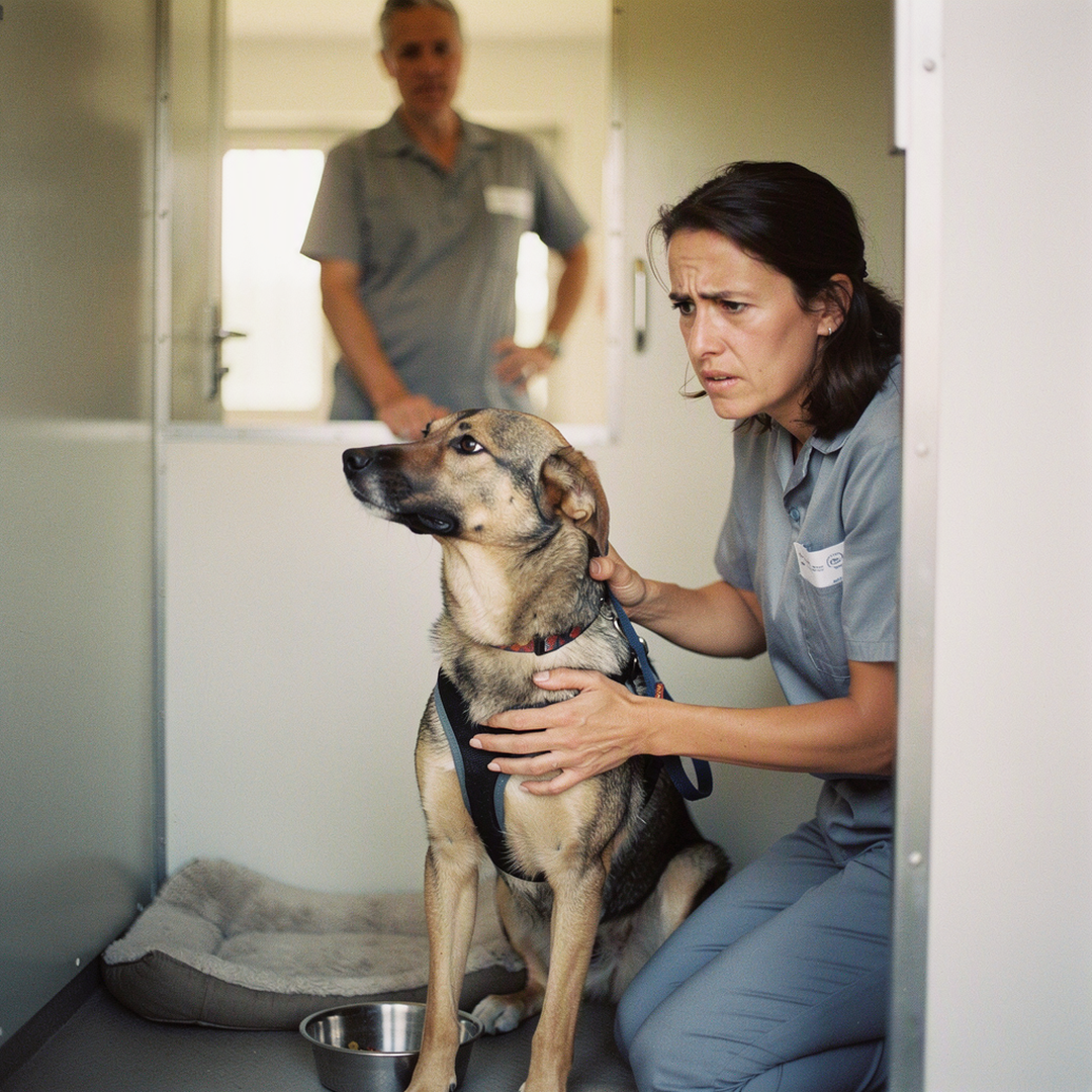 Dans un refuge animalier français lumineux et sobre, portrait réaliste d’une femme adulte assise à hauteur d’un chien adulte adopté, une main posée doucement sur son harnais et l’autre tenant la laisse ; elle regarde le chien avec une émotion mêlant tendresse et sérieux, tandis qu’un bénévole adulte flou en arrière-plan observe avec bienveillance. Box propre, panier et gamelle visibles, ambiance de rencontre responsable et rassurante, photographie documentaire naturelle, aucun texte dans l’image.