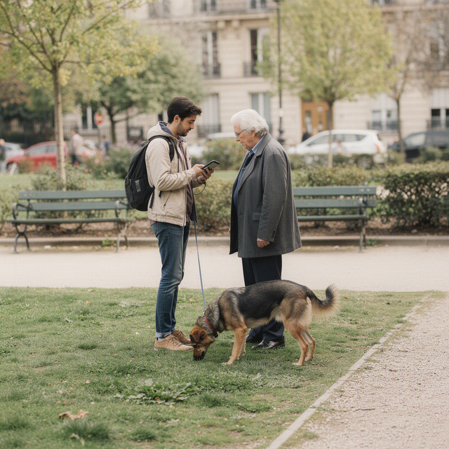 Dans un parc urbain français en fin de matinée, deux adultes d’âges différents échangent calmement près d’un chien tenu en laisse ; l’une montre à l’autre une information sur son téléphone, tandis que le chien renifle l’herbe. Plan large à hauteur d’adulte incluant le parc et les deux personnes, lumière naturelle douce sous un ciel légèrement couvert, aucun texte lisible à l’écran.