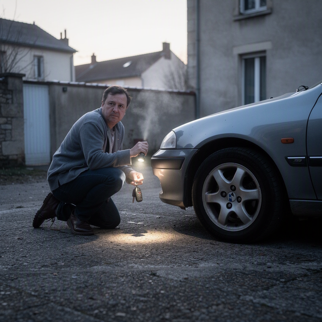 Photo éditoriale réaliste, format horizontal : vue à hauteur de roue d’une voiture stationnée dans une cour résidentielle française par temps froid. Un adulte accroupi, visage concentré et calme, tient une lampe torche et inspecte prudemment le dessous de la voiture ; clés retirées visibles dans son autre main. La silhouette d’un chat adulte est seulement suggérée dans l’ombre sous le châssis, sans scène de détresse. Lumière douce de fin d’après-midi, ambiance de vigilance et de sécurité, aucun enfant, aucun texte ni logo.