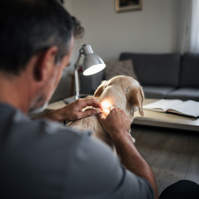 En gros plan au-dessus de l’épaule, un homme d’une quarantaine d’années examine avec attention le pelage clair de son chien adulte dans son salon, une lampe de bureau orientée vers une petite zone de peau tandis qu’un carnet ouvert reste flou sur la table. Lumière naturelle douce d’un après-midi couvert, photographie réaliste et sobre, sans plaie graphique ni texte lisible.