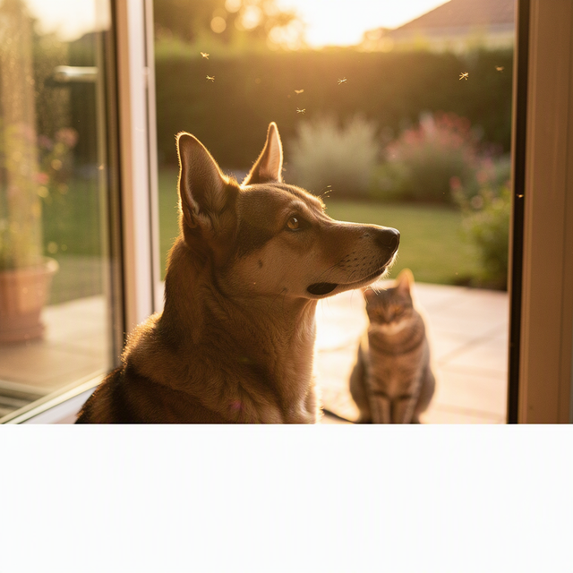 Photographie éditoriale réaliste dans un jardin français en fin de journée d’été : gros plan à hauteur d’un chien adulte assis près d’une baie vitrée, un chat adulte flou à l’arrière-plan sur une terrasse ; le chien tourne légèrement la tête, ses oreilles et son museau sont visibles, avec quelques moustiques suggérés par de petits points en vol dans le contre-jour doré. Cadrage horizontal, lumière chaude mais ambiance de vigilance, sans enfant ni bébé, sans texte ni logo.