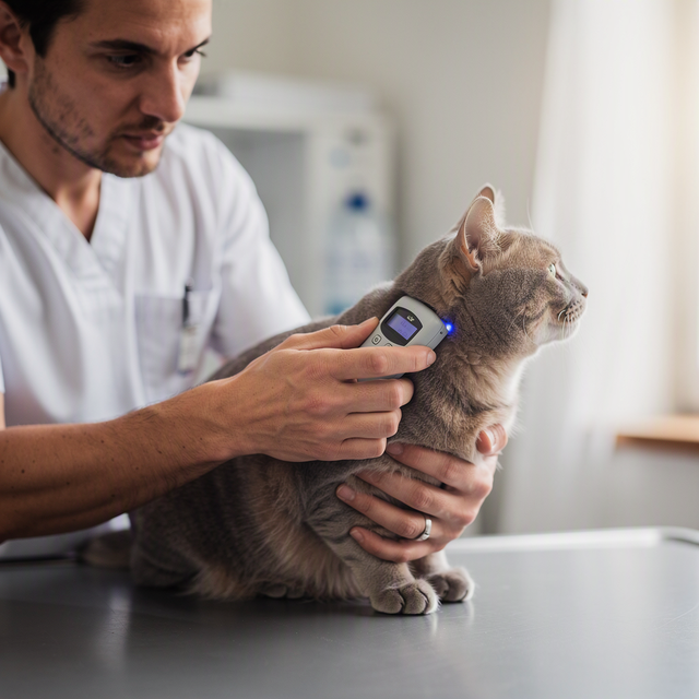 Photo éditoriale réaliste, intérieur d’une clinique vétérinaire en France : gros plan sur les mains d’une vétérinaire adulte passant un lecteur de puce électronique au-dessus de l’encolure d’un chat adulte calme, tenu avec douceur sur une table d’examen. Le visage concentré de la vétérinaire est visible en arrière-plan, écran de lecteur légèrement flou, lumière naturelle douce, cadrage horizontal, ambiance rassurante, aucun enfant, aucun texte ni logo lisible.