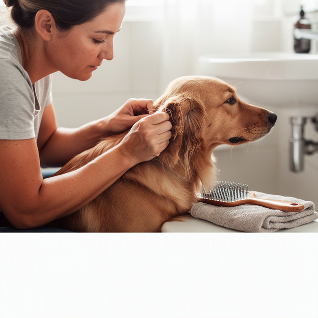 Photo éditoriale réaliste, dans une salle de bain lumineuse : gros plan sur les mains d’une adulte assise près de son chien adulte à poil long, examinant délicatement une petite zone emmêlée derrière l’oreille sans tirer ; le visage calme et attentif de la propriétaire visible de trois quarts, chien détendu, brosse posée sur une serviette à côté, lumière naturelle douce, cadrage horizontal, aucun enfant.