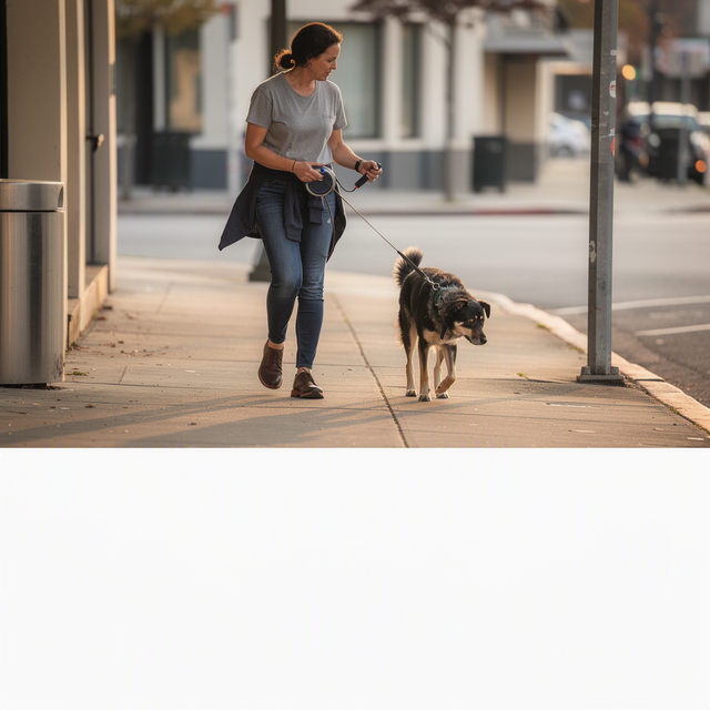 Photo éditoriale réaliste, sans texte ni logo : une femme adulte promène son chien adulte sur un trottoir urbain calme. Cadrage à hauteur de buste et de mains : elle tient une poignée de laisse rétractable et regarde attentivement son chien, légèrement en avant mais encore dans le cadre. Mettre en évidence le cordon tendu et la distance entre la promeneuse et le chien, sans scène d’accident. Lumière naturelle douce de fin d’après-midi, ambiance prudente et quotidienne.