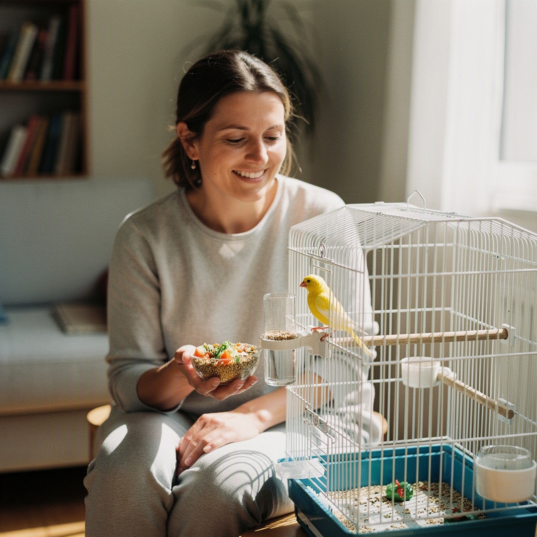 Dans un salon lumineux et calme, une femme adulte souriante, assise près d’une grande cage propre et bien aménagée, observe avec tendresse un canari jaune perché près de son abreuvoir ; son visage exprime l’apaisement et l’attention, une main tient délicatement un petit bol de graines et de légumes finement coupés, ambiance réaliste de vie quotidienne, aucun texte dans l’image.