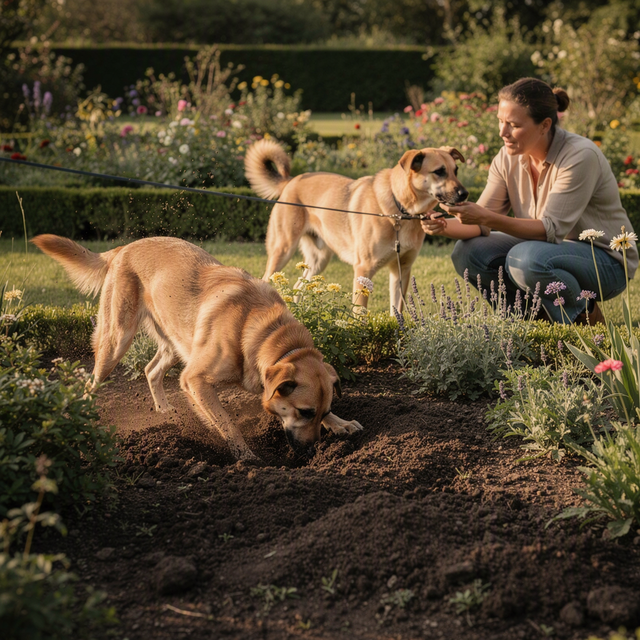 Photo documentaire réaliste dans un jardin français en fin d’après-midi : au premier plan, une chienne adulte creuse activement la terre près d’un massif, pattes et museau légèrement poussiéreux ; à quelques mètres, un chien adulte castré est retenu calmement par son humain adulte avec une laisse souple, l’humain accroupi détourne son attention avec un geste posé. Les deux chiens restent entièrement visibles et séparés, aucune scène de chevauchement. Cadrage horizontal à hauteur des chiens, lumière naturelle douce, ambiance pédagogique et apaisée.