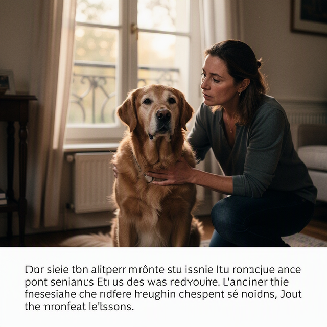 Photo éditoriale réaliste d’un Golden Retriever âgé au pelage doré grisonnant autour du museau, assis calmement près d’une baie vitrée dans un salon français sobre. Une femme adulte est accroupie à ses côtés et pose une main attentive sur son épaule, regard doux et préoccupé vers le chien. Cadrage horizontal mi-large à hauteur du chien, lumière naturelle douce de fin d’après-midi, ambiance chaleureuse et sobre, sans texte, sans enfant ni bébé.