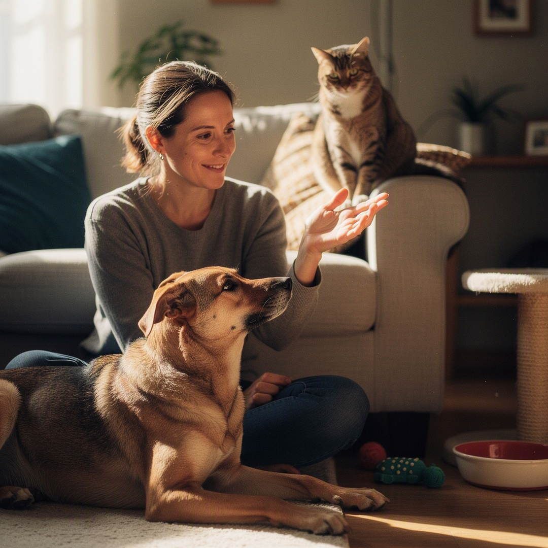 Dans un salon lumineux et réel, une femme adulte assise au sol regarde avec un sourire tendre un chien calme couché près d’elle et un chat installé sur le dossier du canapé ; sa main hésite doucement entre les deux animaux, exprimant une réflexion affectueuse et sincère. Intérieur vivant, accessoires discrets pour chien et chat, lumière naturelle, photographie documentaire chaleureuse, aucun texte dans l’image.