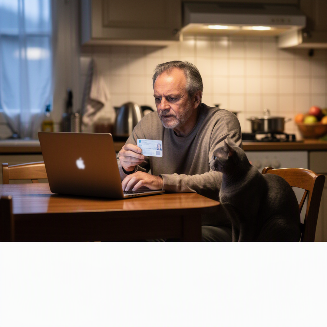 En début de soirée dans une cuisine française calme, un homme d'une cinquantaine d'années est assis devant son ordinateur portable, tient un document d'identification dans une main et vérifie attentivement les informations à l'écran, tandis que son chat adulte est installé près de lui sur une chaise ; son visage exprime la concentration et le soulagement, photographie documentaire réaliste, aucun texte lisible à l'écran.