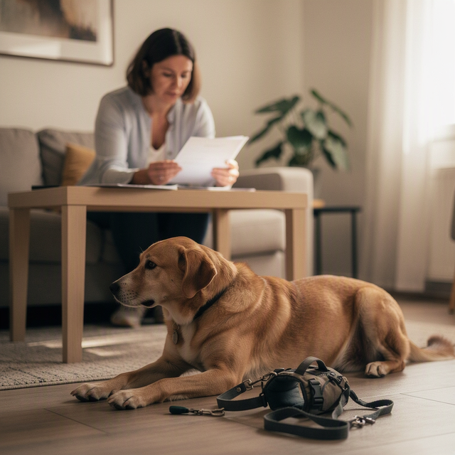 Photographie éditoriale réaliste en intérieur lumineux : une femme adulte assise près d’une table, expression à la fois attentive et émue, relit un dossier de santé et de cession pour son chien ; au premier plan, un chien adulte vu de profil est calmement couché près d’un harnais et d’une laisse. Décor de salon sobre, lumière naturelle douce venant d’une fenêtre, cadrage horizontal mi-large, ambiance responsable et apaisée, aucun enfant.