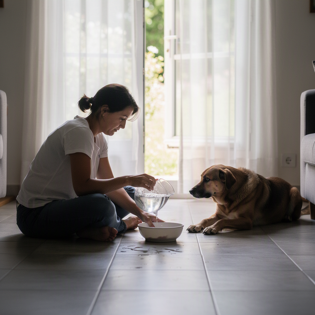 Photo éditoriale réaliste en été : une femme adulte assise sur le sol frais d’un salon lumineux mais ombragé, donnant de l’eau dans une gamelle à son chien adulte allongé calmement près d’une fenêtre entrouverte ; rideaux tirés, bol d’eau visible, ambiance de prévention et de vigilance, cadrage horizontal mi-large, lumière naturelle douce, aucune personne mineure.