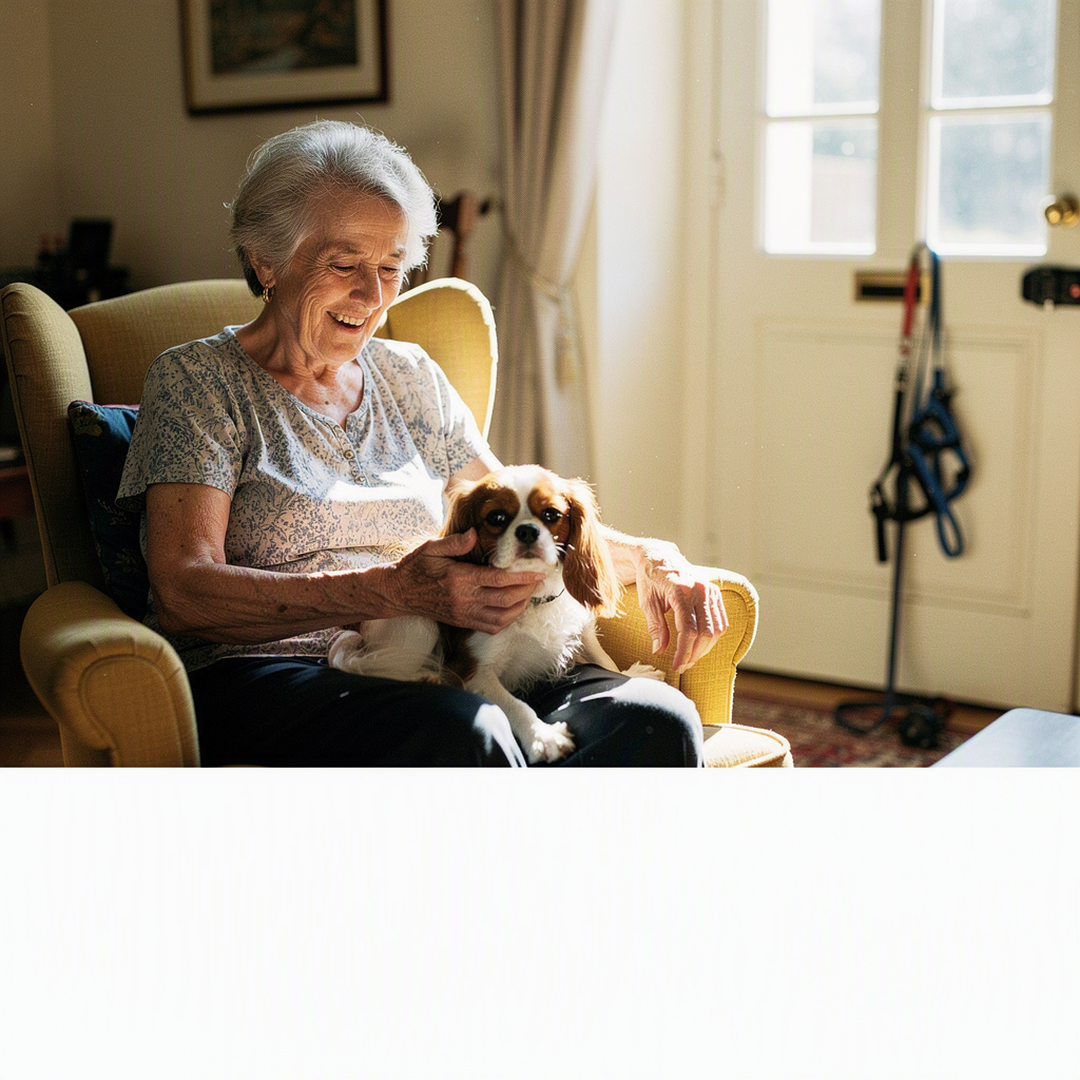 Photo documentaire chaleureuse dans un salon lumineux : une femme senior souriante, visage clairement visible, assise dans un fauteuil, caresse doucement un petit chien adulte de type Cavalier King Charles posé contre ses jambes ; laisse et harnais rangés près de la porte, ambiance quotidienne calme et complice, lumière naturelle, rendu réaliste, aucun texte dans l’image