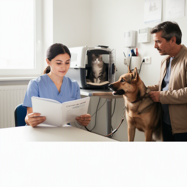 Photographie éditoriale réaliste, dans une salle de consultation vétérinaire lumineuse en France : une vétérinaire adulte assise à son bureau consulte calmement le carnet de santé d’un chien adulte tenu en laisse par sa propriétaire adulte ; un chat adulte, visible dans une caisse de transport ouverte au second plan, observe la scène. Cadrage horizontal mi-large, expression attentive des adultes, lumière naturelle douce, ambiance de suivi préventif, aucun enfant ni bébé, aucun texte ni logo lisible.
